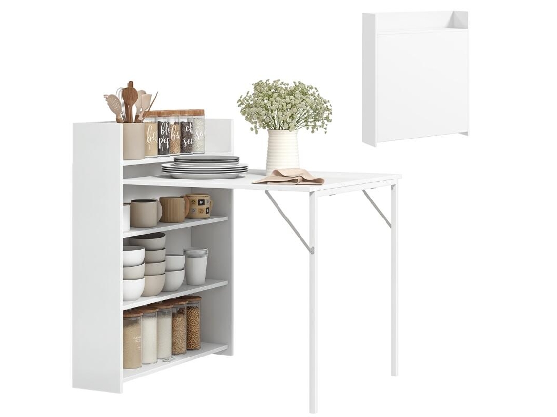 Mesa de comedor plegable, ideal para espacios pequeños, con 4 estantes discretos, mesa de cocina plegable, función antivuelco, color blanco.