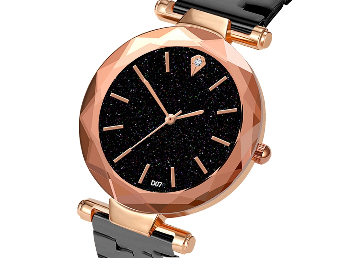Reloj De Pulsera De Cuarzo Para Mujer Con Esfera Estrellada Y Elegante Correa Informal De Acero Negro.