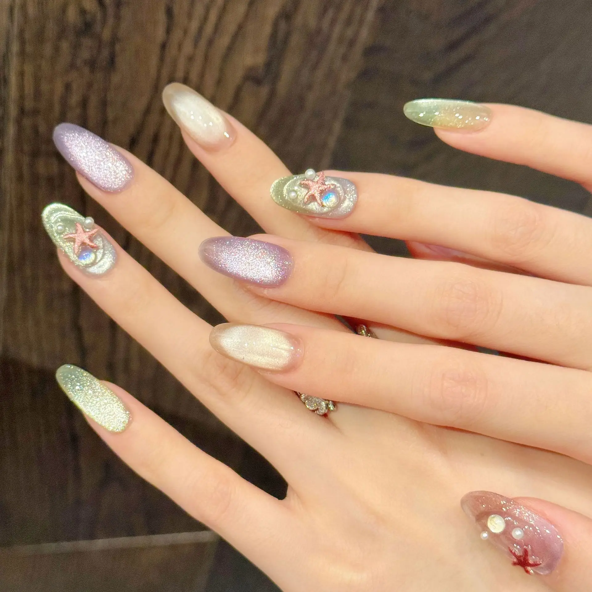 (2963-l) 10 Uñas Postizas Ovaladas Hechas A Mano, De Longitud Media, Estilo De Presión.