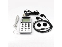 Mini radio portátil de bolsillo AM/FM con pantalla LCD, recargable por USB y auriculares.