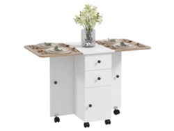 Mesa de cocina plegable, mesa de comedor plegable con 2 tableros plegables, 2 cajones y 1 armario, acabado en blanco y roble.