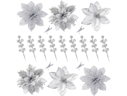 30 Flores De Nochebuena Con Purpurina Y Frutas Artificiales Para Decoración Navideña (plateadas)