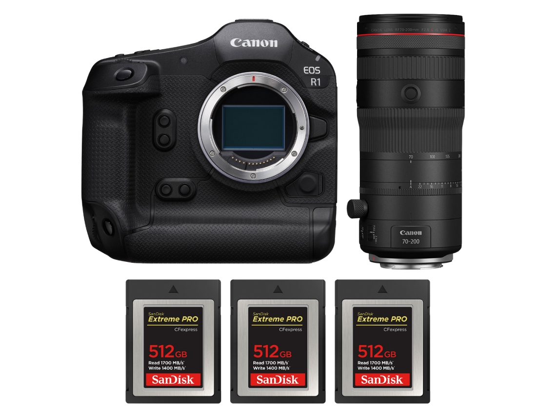 Canon EOS R1 + RF 70 200mm F/2.8 L IS Usm Z Negro + 3 Sandisk 512GB Extreme Pro CFExpress Tipo B + Libro electrónico “20 consejos para fotos impresionantes”