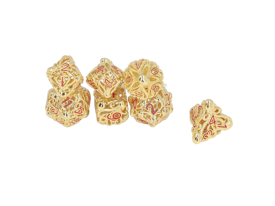 Set De 7 Dados De Metal Huecos De Latón Dorado Exquisitos Poliédricos Para Juegos De Mesa Y Rpg Con Números Rojos