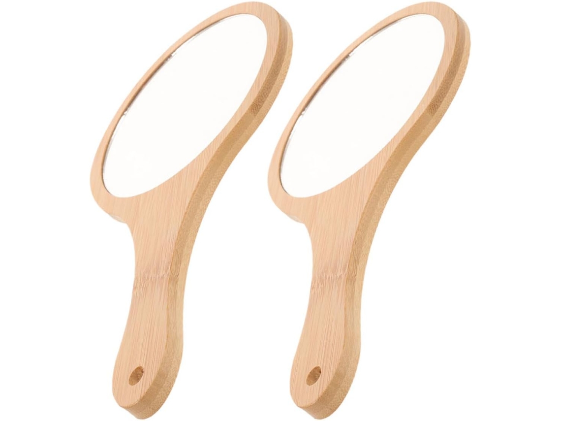 Lot De 2 Espejos Cosmétiques A Main Vintage Avec Poignée En Bambou Naturel, Pequeño Espejo Voyage