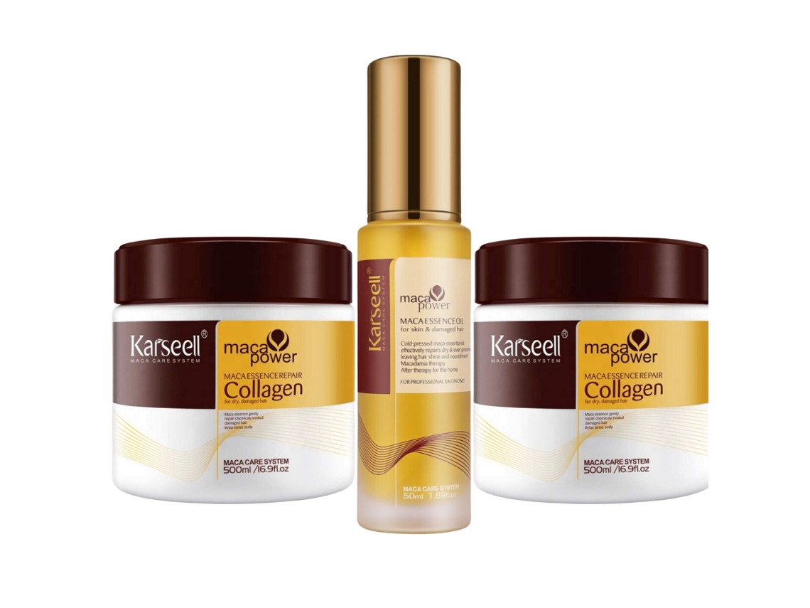 Karseell Maca Care System Pack 3u.- 2 Mascarilla Capilar 500ml 1 Aceite De Argán 50ml - Pelo Seco Y Dañado, Antiencrespamiento, Colágeno.