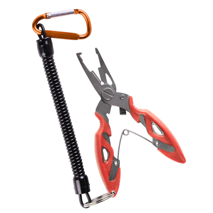 Aguja de pesca multifuncional (naranja) con tijeras y pinzas, afilador de acero inoxidable.