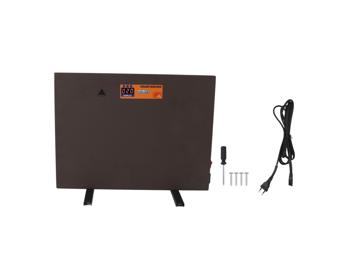 Calentador para gallinero marrón con control manual de 150 W, 4 modos, pantalla digital, temporizador y protección contra volcaduras para pollos y animales.
