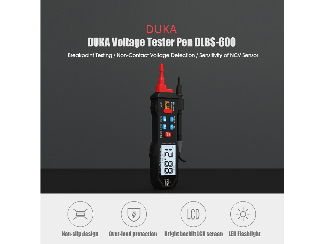 Comprobador De Tensión Sin Contacto Duka 0,1 Mv-600 V Ca/cc Con Pantalla Lcd, Linterna Led Y Alarma Sonora Dlbs-600