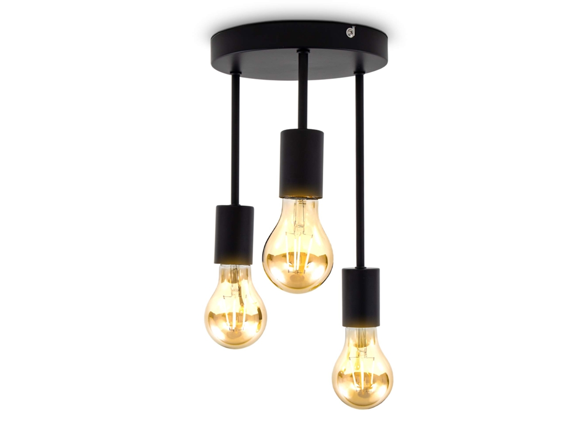 Plafón Vintage 3 Casquillos E27 Metal Mate Negro, Sin Bombillas Incluidas