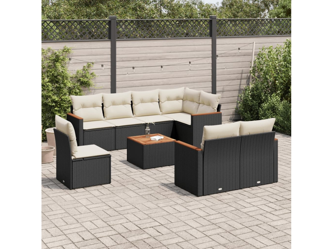 Conjunto de sofá de jardín de 9 piezas con cojines, ratán negro, Dkd Home Decor