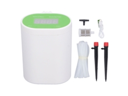 Sistema de riego automático ABS para interiores con temporizador para plantas en maceta, aspersor verde y blanco.