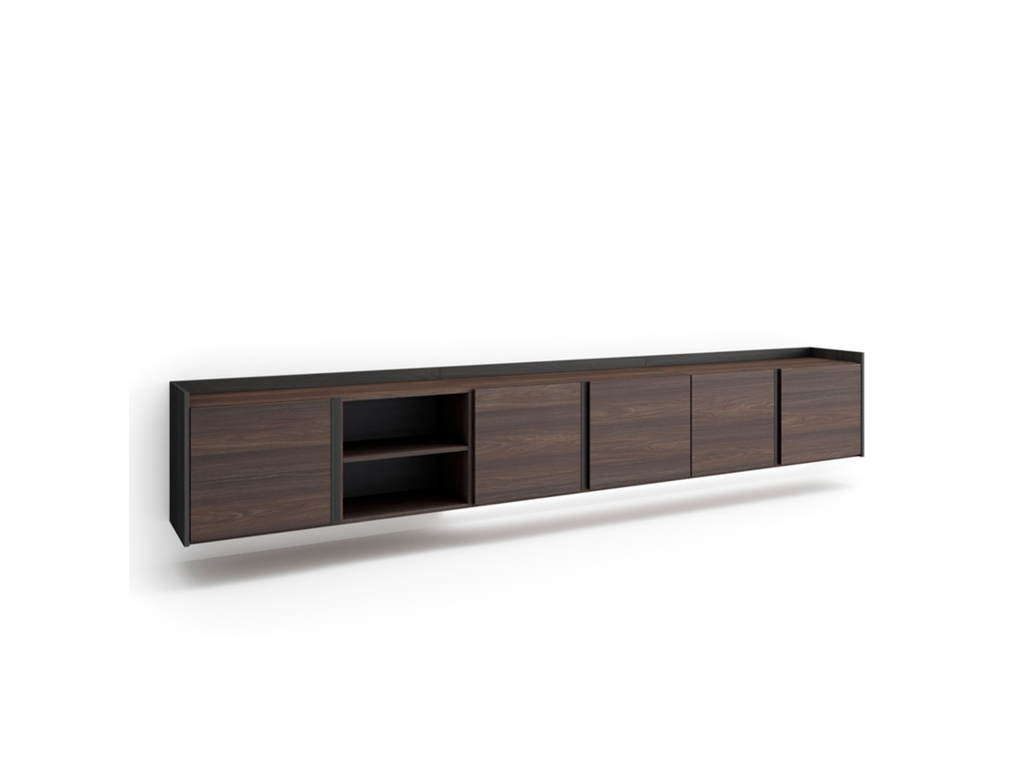 Mueble para TV, 309x35x50cm, para televisores de hasta 80'', montaje en pared, LED, roble oscuro y negro.