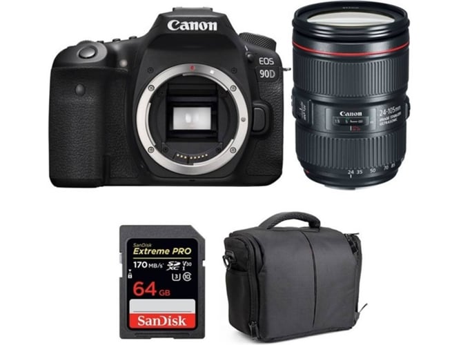 Kit Cámara Réflex CANON EOS 90D + EF 24-105mm f/4L IS II USM + SanDisk 64GB + Bolsa