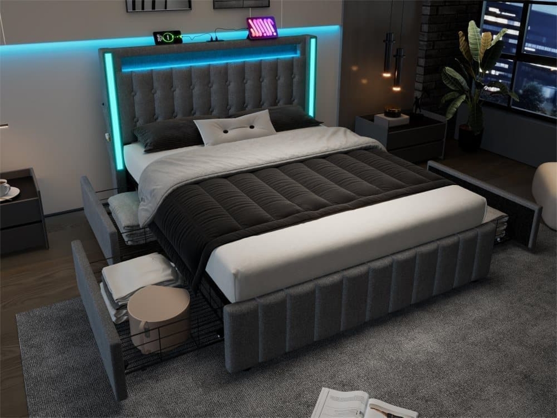 Lit Avec 2 Cajones 140x200cm Tapizado En Lino - Con Función De Carga E Iluminación Led - Gris