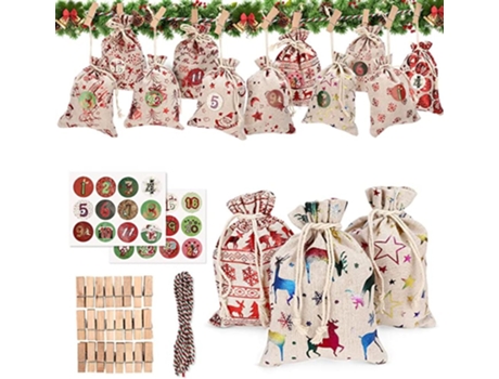 24 bolsas de calendario de Navidad Calendario de Adviento colgante de arpillera Cuenta regresiva de bricolaje