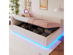 Cama Tapizada De 90x200 Cm Con Led, Usb-c, Sistema Hidráulico Y Terciopelo Beige.