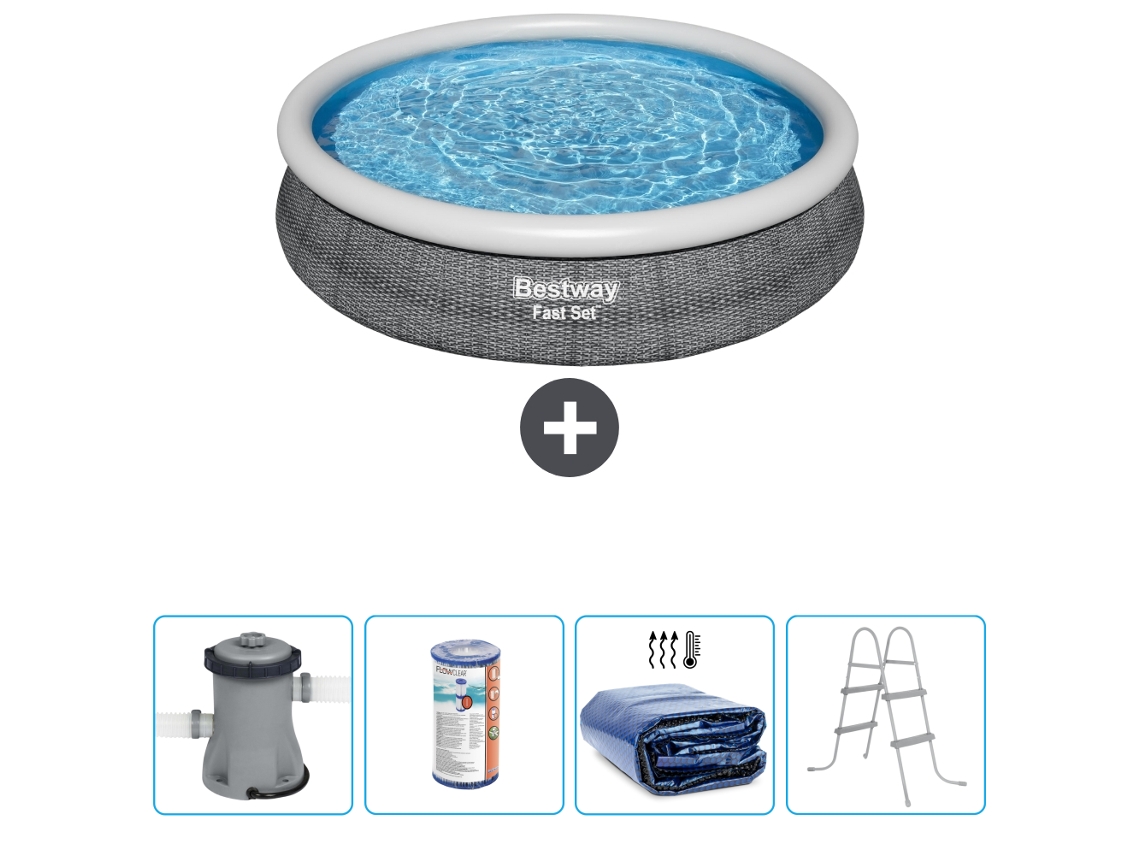 Piscina hinchable redonda Fast Set BESTWAY - Estampado ratán - 366 x 76 cm - Bomba incluida Filtrar - Vela solar - Escalera