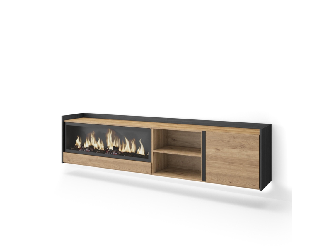 Mueble para TV, 212x35x50cm, para televisores de hasta 80'', chimenea eléctrica XXL, montaje en pared, LED, roble y negro.