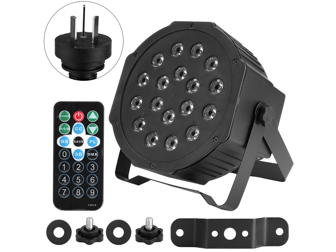 Focos LED RGB para escenario de 18 W (4 unidades) con mando a distancia de 7 canales.