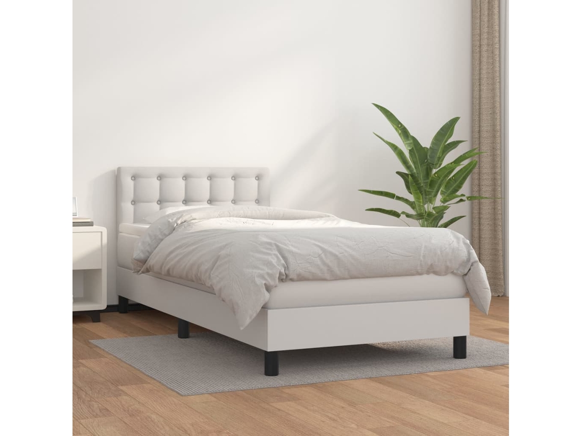 Cama Box Spring Con Colchón Cuero Sintético Blanco 90x190 Cm