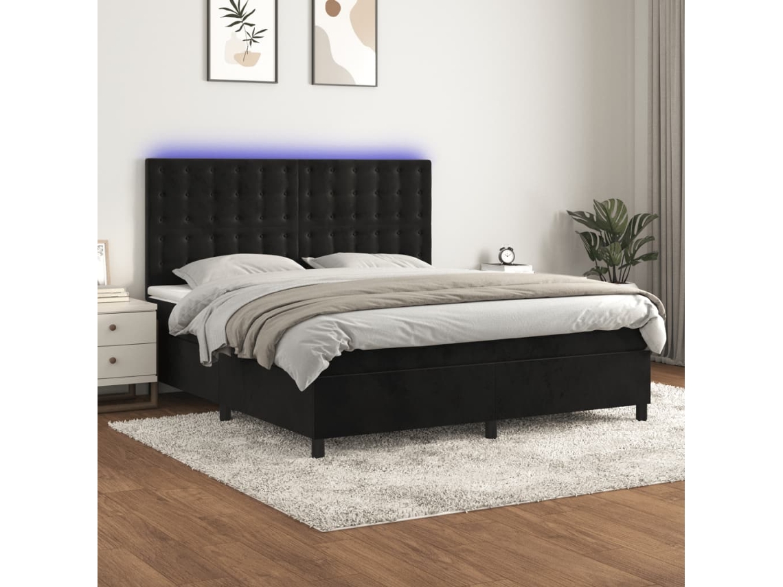 Cama Box Spring Colchón Y Led Terciopelo Negro 180x200 Cm