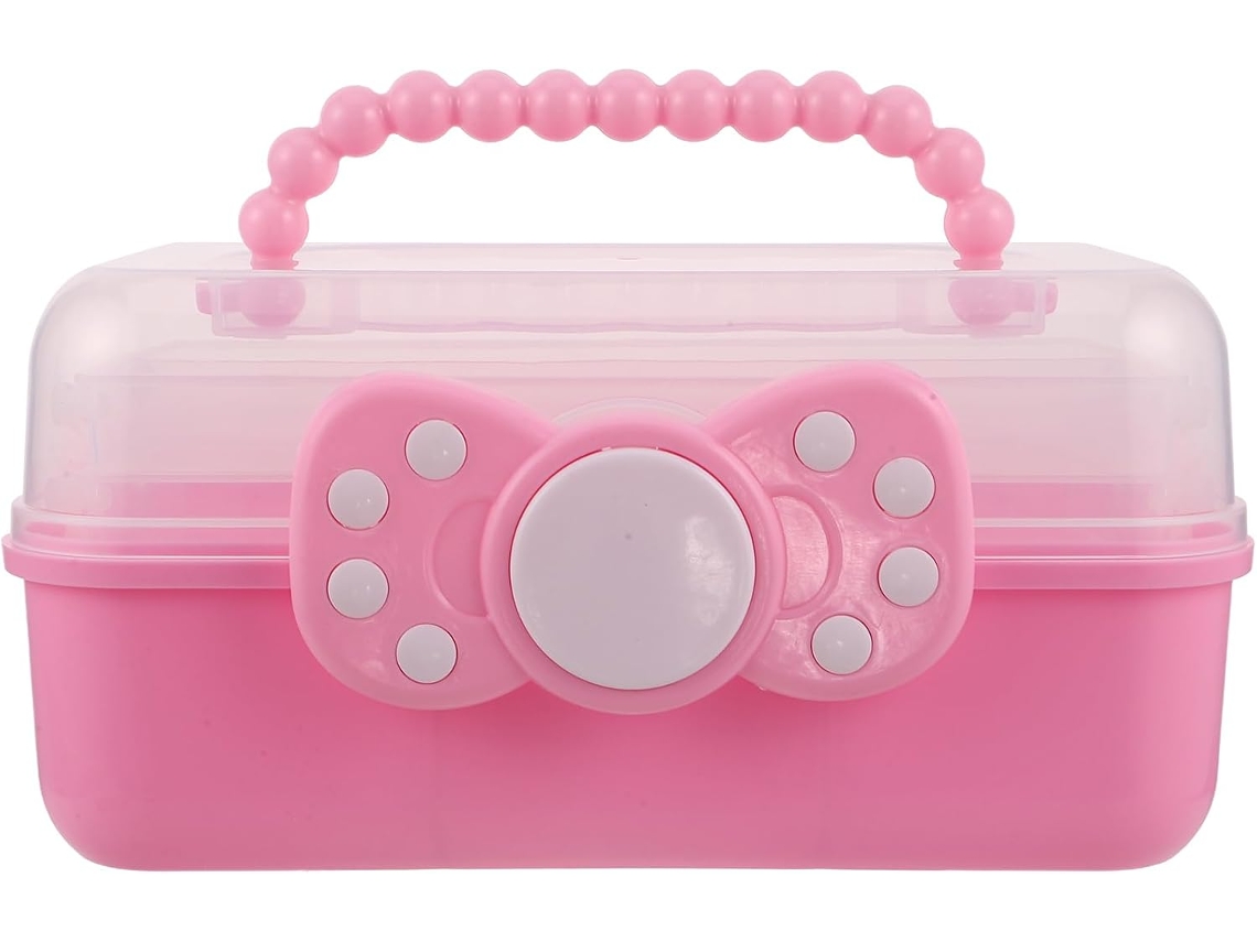 Caja organizadora de joyas de plástico rosa SFUSHOS con 3 compartimentos