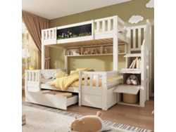 Cama Litera Triple 90x200 140x200 - Madera Maciza, Pizarra, Escalera Con Almacenamiento, 2 Cajones - Blanco