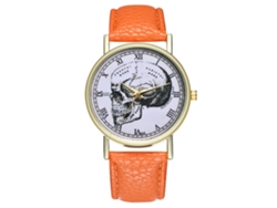 Reloj De Cuarzo Unisex Con Correa De Cuero Pu Skull Patrón Números Romanos Naranja