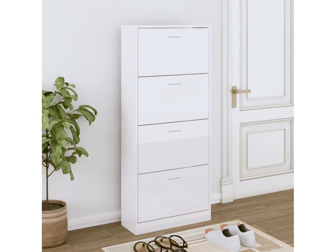 Mueble Zapatero | Armario Zapatero Madera Contrachapada Blanco Brillo 63x24x147 Cm