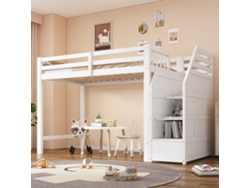 Cama alta de 90x200cm con somier de láminas (colchón no incluido), escalera escamoteable y espacio libre para vestirse a gusto.