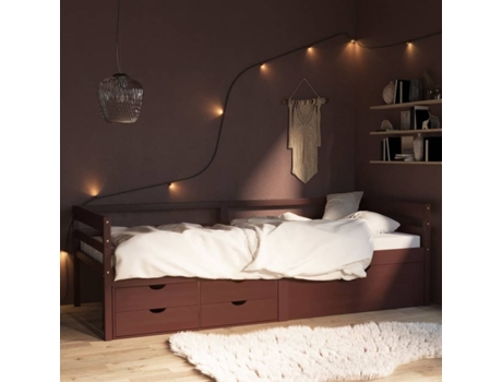vidaXL Cama con cajones y mueble pino macizo marrón oscuro 90x200 cm