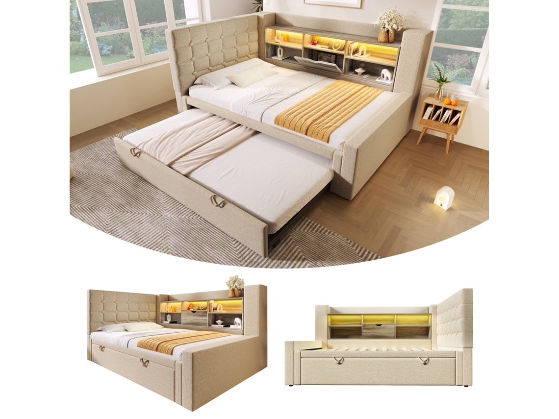 Cama Tapizada De 90x200 Cm Con Cama Nido De 90x190 Cm E Iluminación Led Cama Con Almacenaje Cabecero En L Con Almacenaje.
