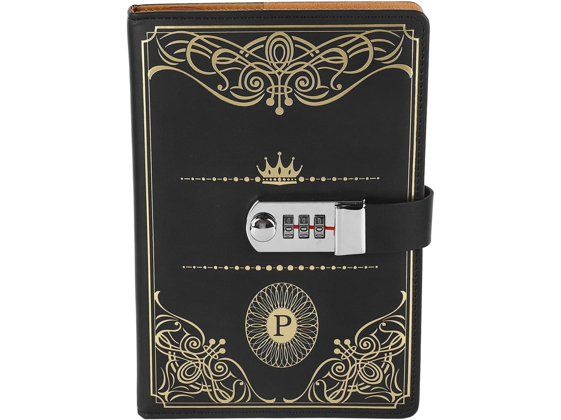 Cuaderno A5 con cerradura de combinación, negro y dorado, estilo retro, 300 páginas, papel rayado liso, CHABERLU