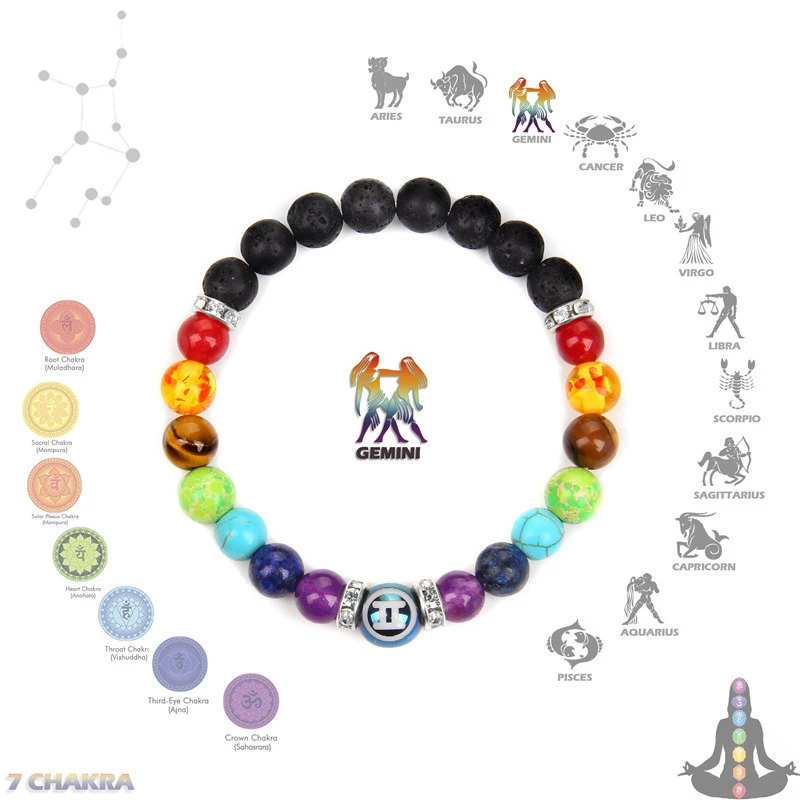Pulsera De Siete Chakras Con Cuentas De Piedra Natural (géminis), Pulsera De Doce Signos Del Zodiaco, Sanación Con Cristales Reiki.