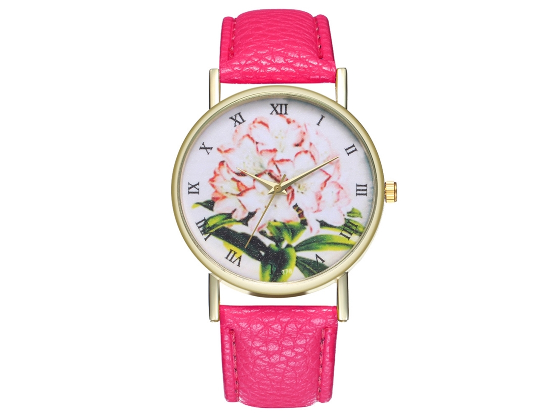 Reloj De Pulsera De Cuero Con Patrón De Plantas Moda Unisex Cuarzo (rojo Rosa)