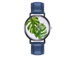 Reloj Analógico Unisex De Cuarzo Con Correa De Cuero Pu Hojas Verdes (azul)