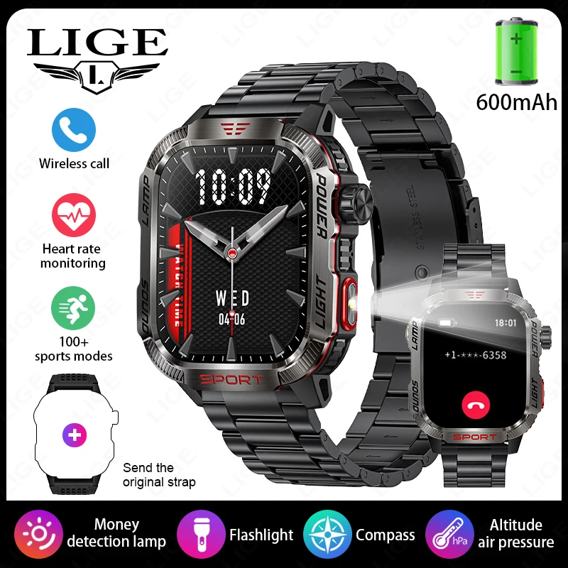 Reloj Inteligente Gps (negro, Correa De Acero), Linterna, Brújula, Resistente Al Agua, Apto Para Deportes Al Aire Libre, Llamadas Bluetooth.