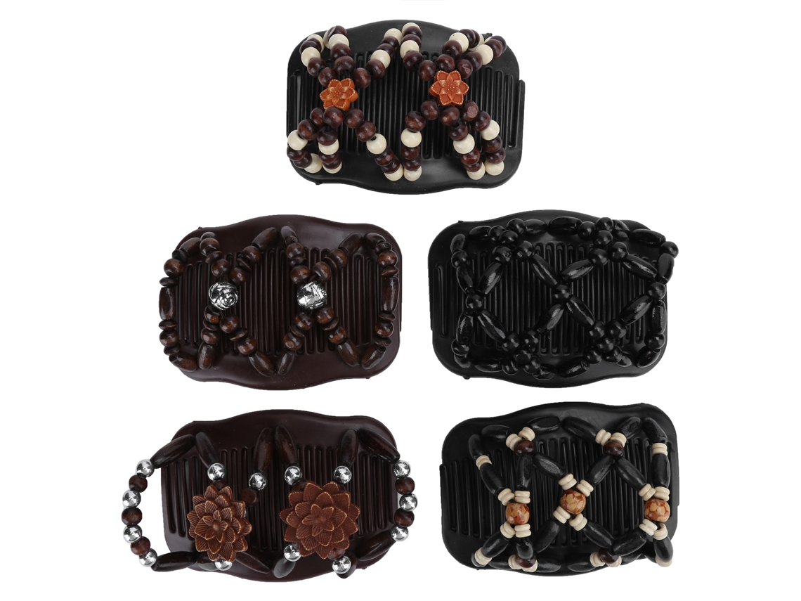 Vlrla-para Mulheres 5unidades Wood Beaded Stretchy Double Cabelo Comb Clip