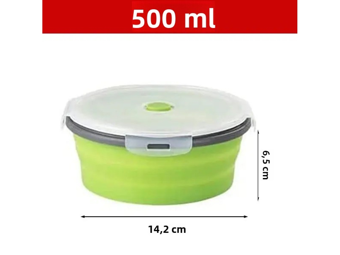 Fiambrera redonda de silicona, plegable con tapa, portátil y apta para microondas. MDUG (verde, 500 ml)
