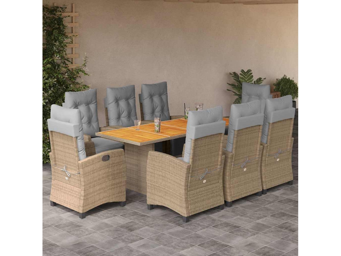 Juego de comedor de jardín de 9 piezas con cojines, mimbre beige mixto, DKD Home Decor