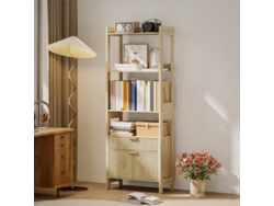 Librería alta con 4 estantes abiertos y 2 cajones estriados, 60x30x160 cm, color madera natural.