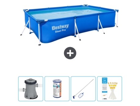 Piscina BESTWAY rectangular Steel Pro - 300 x 201 x 66 cm - Azul - Bomba incluida Filtrar - kit de limpieza - Tiras de prueba