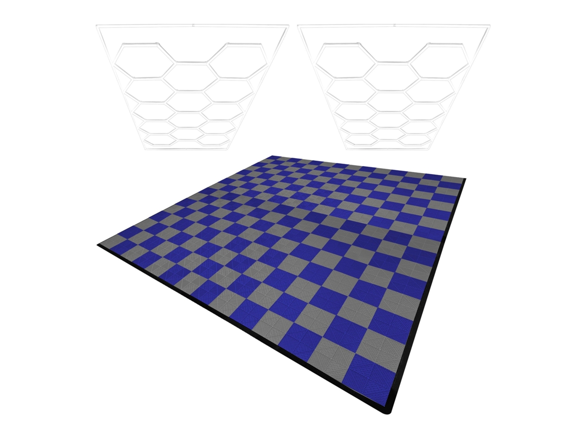 Lámparas de techo de polipropileno con bordes grises (x120) y azules (x120). Lámpara de techo LED hexagonal (x2 unidades). Monstershop (240 unidades).