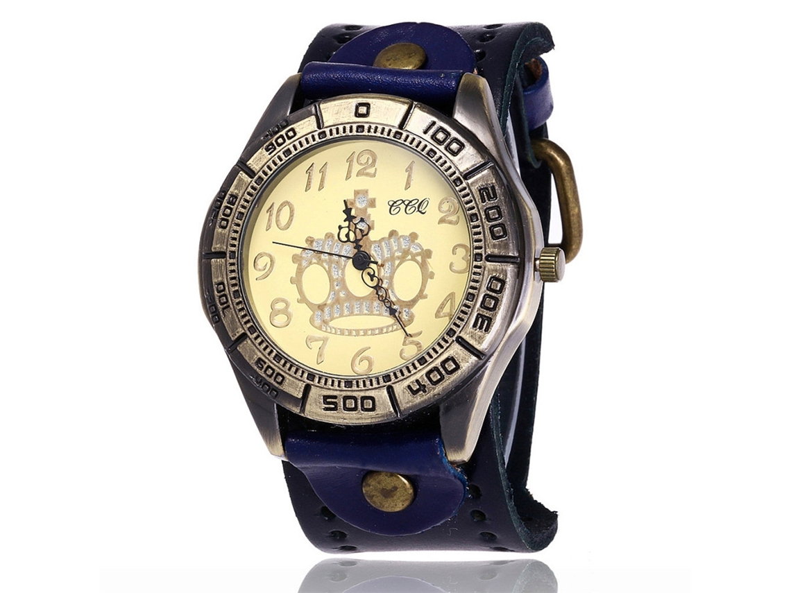 Reloj De Pulsera De Cuarzo Unisex Ccq Dial Grande Bronce Con Correa De Pu Azul