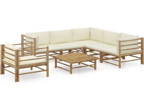 Conjunto 7 de muebles de jardín VIDAXL bambú y cojines blanco crema