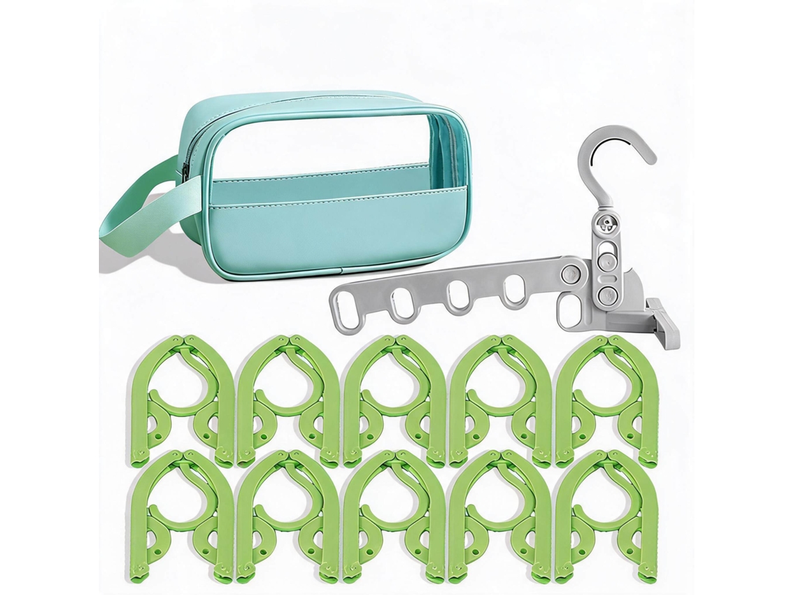 Set Perchas Chrui Plegables Viaje 10 Perchas + Percha 5 Agujeros + Bolsa (verde)