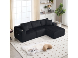 Sofá Modular 3 Plazas - Chaiselongue, 5 Cojines, Bolsillos, Soporte Bebidas, Espuma Densa - Negro