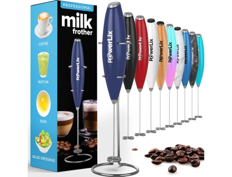 POWERLIX Espumador de Leche Eléctrico de Mano Batidora Leche Espuma Con Soporte de Acero Inoxidable 15-20S Potente 19000 Rpm Batidor para Café