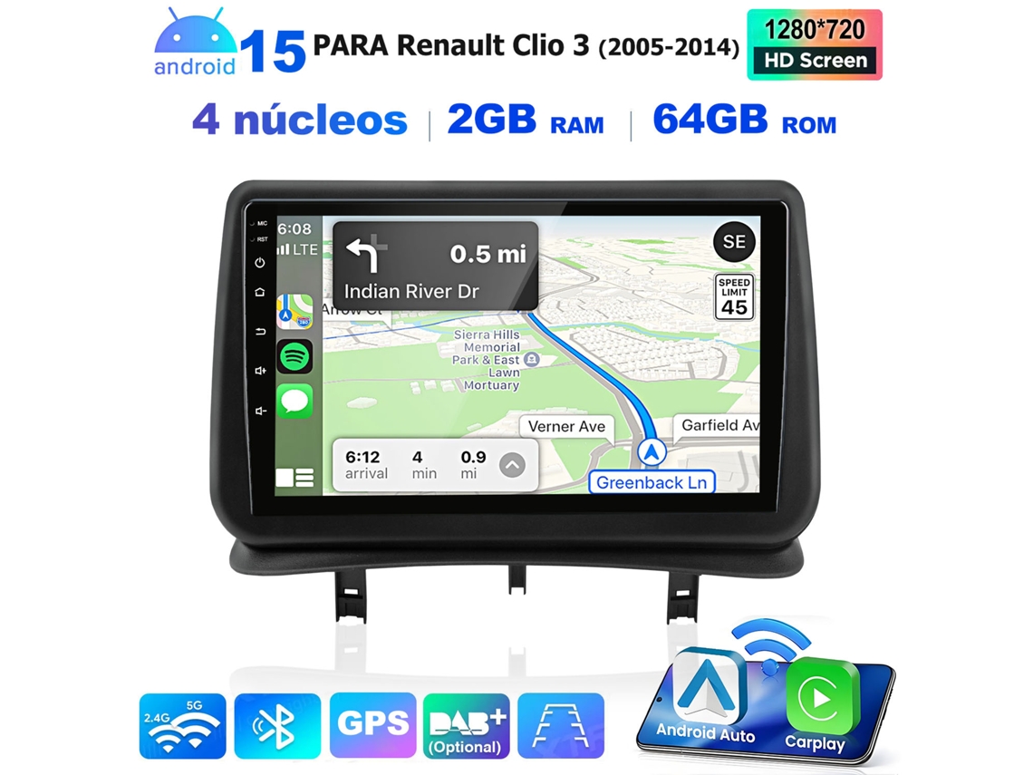 Radio Para Coche Junsun De 9 Pulgadas — Android Auto, 2 Gb + 64 Gb, Android 15 — Para Renault Clio 3 (2005–2014) — Carplay, Quad-core